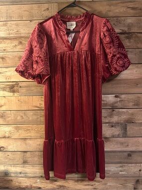 Umgee Wine Velvet Tiered Midi Dress with Embroidered Puff Sleeves